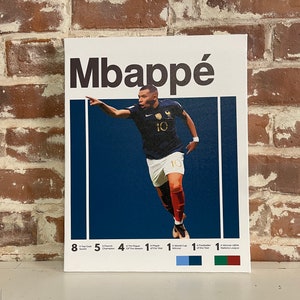 May include: A white and blue poster with a photo of a soccer player in a blue jersey with the number 10 on it. The player is in mid-air, kicking a soccer ball. The poster has the text "Mbapp&eacute;" at the top and a list of the player's accomplishments at the bottom.