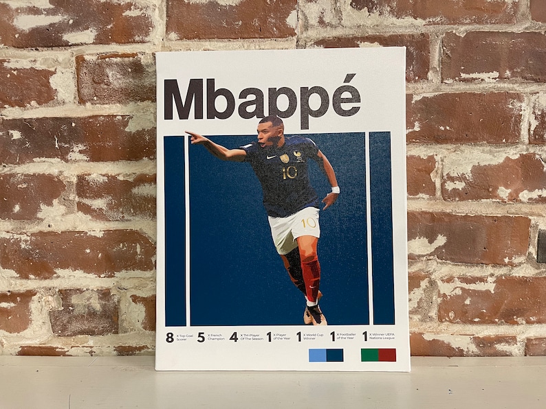 May include: A white and blue poster with a photo of a soccer player in a blue jersey with the number 10 on it. The player is in mid-air, kicking a soccer ball. The poster has the text "Mbapp&eacute;" at the top and a list of the player's accomplishments at the bottom.