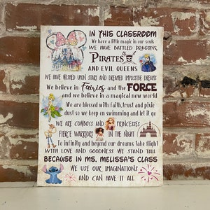 In This Classroom, Teacher School Gift, Disney Themed Wall Decor, Favorite Characters Pirates, Fairies, The Force, PERSONALIZED Canvas, Desk