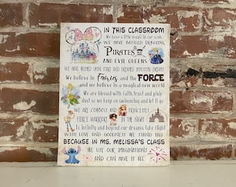 In This Classroom, Teacher Easter Gift, Disney Themed Class Decor, Favorite Characters Pirates, Fairies, The Force, PERSONALIZED Canvas