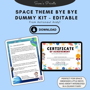 Certificado y carta de despedida de chupete del astronauta Andy / Recuerdo imprimible con temática espacial para hitos de niños pequeños / Versión editable