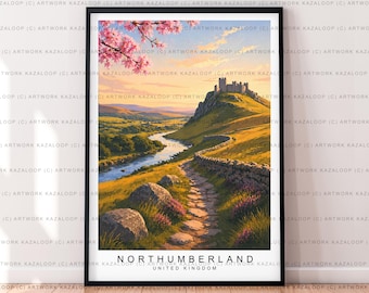 Northumberland Castle Coastal Landscape Art Illustration Print Northumberland Poster Gift Unframed Print