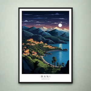 Mani Grécia Impressão de viagem Mani à noite Península Ilustração Arte pôster presente Impressão sem moldura