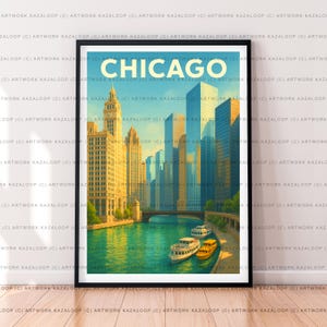 Poster artistico illustrativo di Chicago senza cornice con barche e edifici sul lungofiume, stampa di Chicago