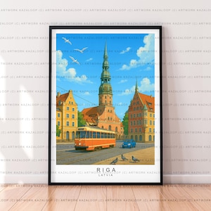 Riga Latvia Unframed Illustration Print Poster Art Old Town Tram Architecture Historic Landmark Riga Street Scene Wall Decor Travel Riga