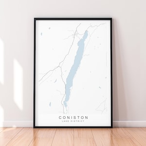 Póster con impresión del mapa de Coniston Water, decoración minimalista para el hogar, póster con el mapa de Coniston Water, Distrito de los Lagos, Reino Unido, decoración de pared
