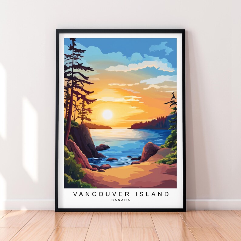 K&ouml;nnte beinhalten: Eine farbenfrohe Illustration eines Sonnenuntergangs &uuml;ber einem Gew&auml;sser mit B&auml;umen auf beiden Seiten. Der Text "VANCOUVER ISLAND CANADA" befindet sich am unteren Rand des Bildes.
