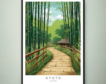 May include: A scenic illustration of a path through a bamboo forest in Kyoto, Japan. The path is made of stone and leads to a small hut in the distance. The forest is lush and green, with tall bamboo stalks reaching up to the sky.