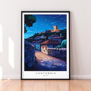 Póster artístico de Cantabria, España, con ilustración nocturna, sin marco, con cielo estrellado y pueblo