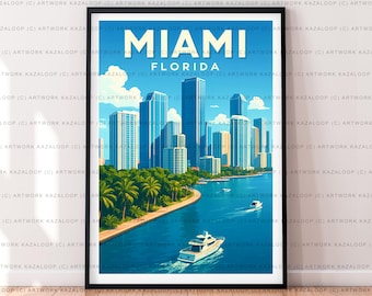 Miami Florida Illustration Druck Poster Kunst, Miami Skyline Wand Kunst Reise Druck