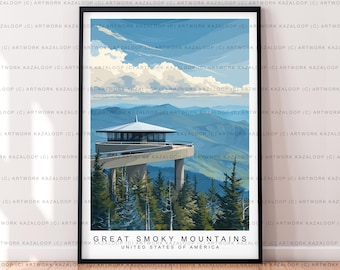 Plakat z ilustracją Great Smoky Mountains bez ramki, sztuka ścienna z motywem Smoky Mountains, plakat podróżniczy z motywem przyrody, plakat z motywem Great Smoky Mountains