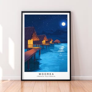 Impression d&#39;art de voyage, cabanes de nuit de Moorea, Polynésie française, affiche d&#39;art mural, cadeau d&#39;art mural de Moorea, impression sans cadre