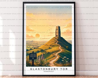 Glastonbury Tor Somerset Anglia Nieoprawiona ilustracja, wydruk plakatu, wydruk podróżny w Wielkiej Brytanii, sztuka ścienna Glastonbury, plakat z zabytkiem Anglii