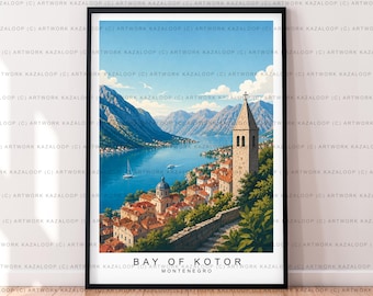 May include: A framed art print featuring a landscape illustration of the Bay of Kotor in Montenegro. The scene depicts a coastal town with red-roofed buildings, a stone bell tower, blue water, sailboats, and mountains under a clear sky.