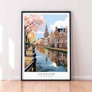 May include: A colourful illustration of a canal in Haarlem, Netherlands. The canal is lined with buildings and trees, and the water is reflecting the sky and buildings. The text "HAARLEM NETHERLANDS" is at the bottom of the image.