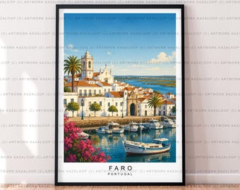 Stampa di illustrazioni artistiche della costa dell'Algarve Faro District Algarve Portogallo Poster regalo Stampa senza cornice