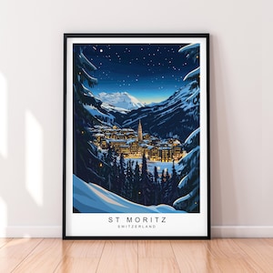 St Moritz Winter Schweizer Alpen Illustration Druck Poster Ungerahmt Kunst