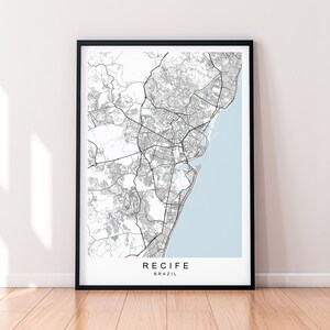 Cartaz de impressão de mapa da cidade de Recife, decoração minimalista para casa, mapa de Recife, Brasil, decoração de parede
