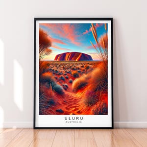 Illustrazione artistica senza cornice di Uluru, Australia, raffigurante un paesaggio desertico al tramonto. Poster di Uluru.