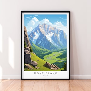 Mont Blanc-reisafdruk Mont Blanc-gebergte in de Alpen illustratie kunstposter cadeau ingelijste afdruk