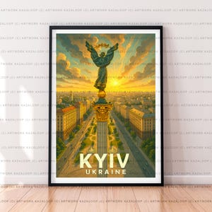 Arte sin marco Atardecer Kyiv Ucrania Impresión de viaje Ilustración Arte de pared Decoración Póster de Kyiv