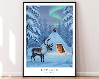 May include: A snowy forest scene with a traditional teepee, a reindeer, and the aurora borealis in the sky. The text "Lapland Finland" is at the bottom of the image.