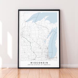 Impression de carte de l'état du Wisconsin, affiche de carte du Wisconsin, cadeau d'art mural, impression sans cadre