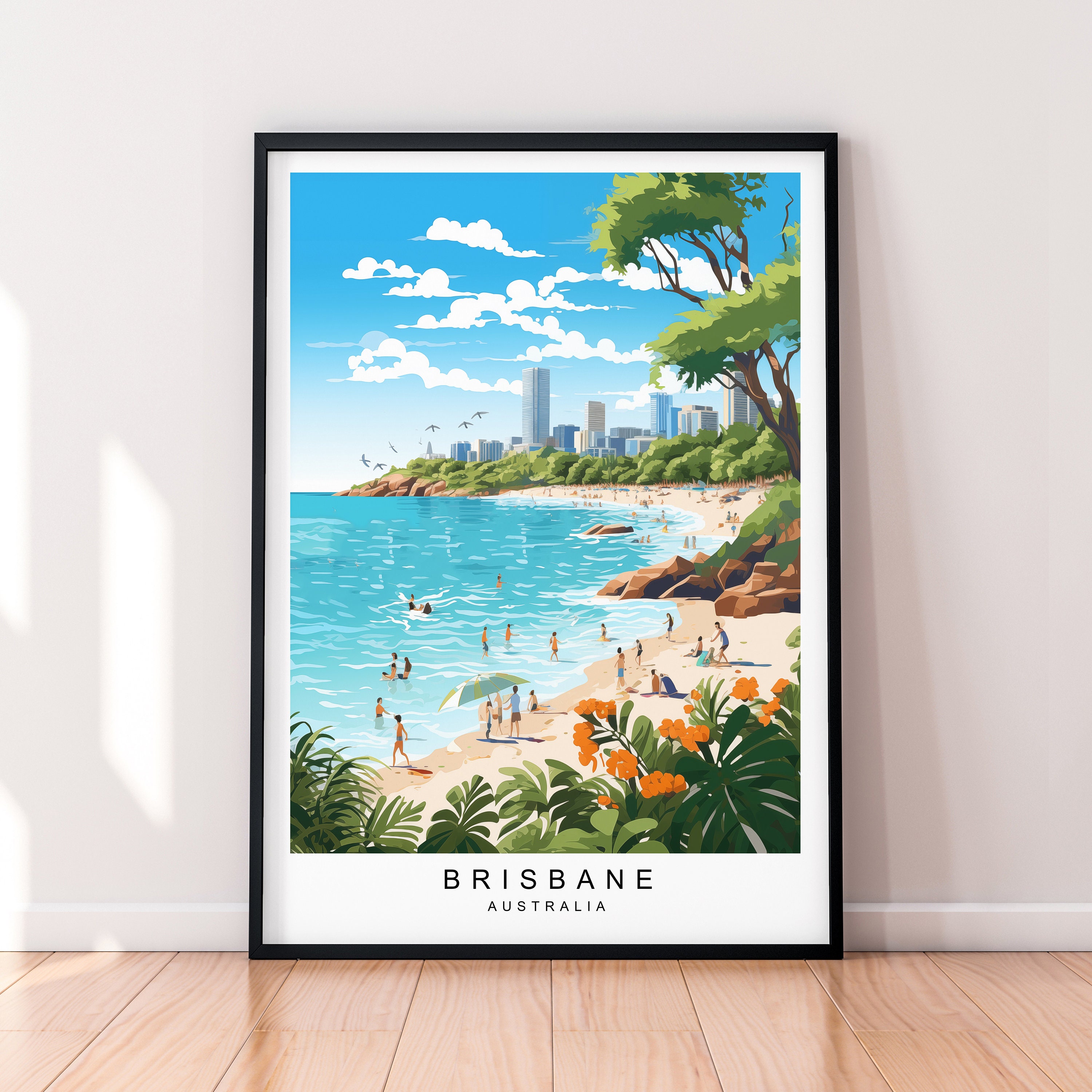 Brisbane Beach Wall art Illustration Print Brisbane Travel Poster Gift Unframed Print