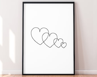 Four Hearts Love Line Art Poster Wall Art Minimalist Family Love Print Poster