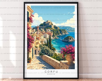 May include: A framed art print depicting a coastal Greek town with stone pathways, vibrant pink bougainvillea flowers, and a hilltop fortress overlooking a bright blue sea under a clear sky. The text CORFU GREECE is printed at the bottom.