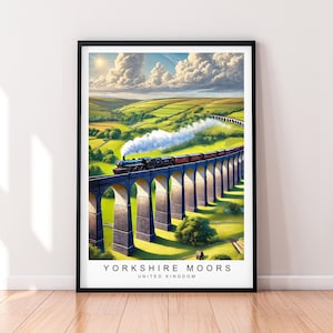 Yorkshire Moors Train Bridge Art Illustration Print Yorkshire North York Moors Poster Gift Unframed Print