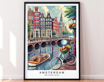 Impresión artística de viaje de Ámsterdam, ilustración, póster de Ámsterdam, Países Bajos, arte de pared, regalo, impresión sin marco