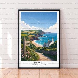 Devon Storbritannien oramad illustration tryck affischkonst Devon kustväggkonst Devon kuststig resor konstverk