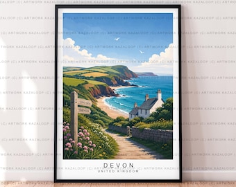 Devon United Kingdom Unframed Illustration Print Poster Art Devon Coast Wall Art Devon Coastal Path Travel Artwork