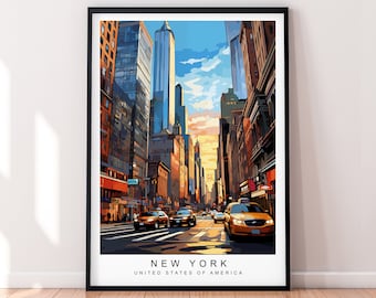 May include: A colorful painting of a street scene in New York City. The image features tall buildings, a blue sky with white clouds, and yellow taxis driving down the street. The text "NEW YORK" and "UNITED STATES OF AMERICA" is at the bottom of the image.