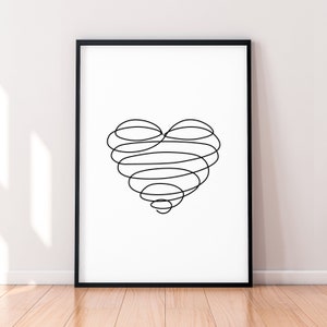 Curly Heart Love Single Line Art Poster Wall Art Minimalist Print