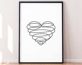 Curly Heart Love Single Line Art Poster Wall Art Minimalist Print