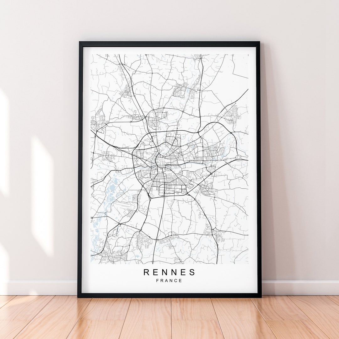 Map De Rennes Mapa de la ciudad de Rennes, póster impreso de Francia, decoración ...