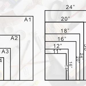 May include: Diagram showing various paper sizes, including A1, A2, A3, A4, and A5, along with rectangular shapes labeled with measurements in inches: 11", 12", 14", 16", 18", 20", 24", 30", and 36".