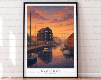 Natt Klaipeda Litauen oramad illustration tryck affischkonst solnedgång Klaipeda resetavtryck Klaipeda väggkonst Klaipeda arkitekturaffisch