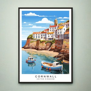 Stampa di viaggio della Cornovaglia, illustrazione della spiaggia del porto della Cornovaglia, poster artistico, regalo, stampa senza cornice