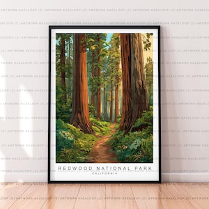 Unframed Redwood National Park California Illustration Print Poster Art Tall Trees Scenic Forest Path Nature Landscape Hiking Adventure