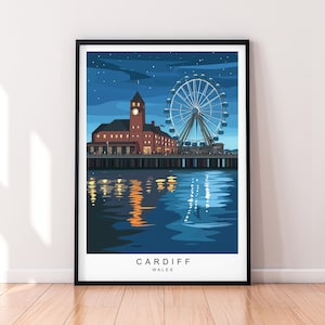 Cardiff Night Art Print Illustration Cardiff Wales Poster Wall Art Gift Unframed Print