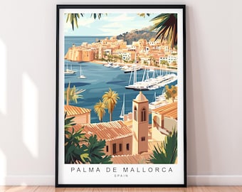 May include: A colourful illustration of Palma de Mallorca, Spain. The image shows a cityscape with buildings, a harbour, and boats. The text "Palma de Mallorca, Spain" is at the bottom of the image.