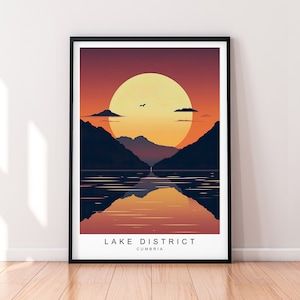 Lake District Sunset Illustration Print Lake District Night Travel Poster Gift Unframed Print