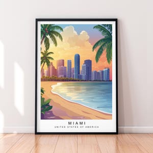 Stampa artistica di viaggio al tramonto a Miami, illustrazione, poster di Miami Florida, regalo di arte da parete, stampa senza cornice