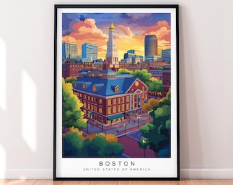 Boston Massachusetts Illustration Print Oinramad Solnedgång Stadslandskap Poster Konst USA
