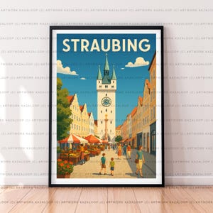 Illustrazione artistica senza cornice di Straubing, Germania, vista della piazza della città di Straubing, Baviera