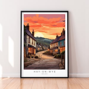 Hay-on-Wye Sunset Illustration Print Hay on Wye Wales Travel Poster Gift Unframed Print