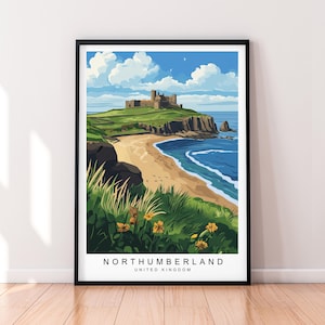 Northumberland Castle Coastal Landscape Art Illustration Print Northumberland Poster Gift Unframed Print
